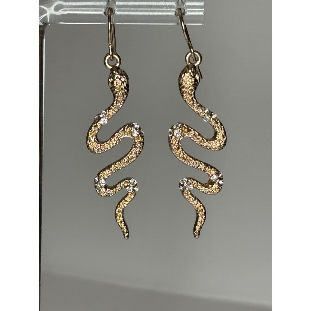 Dangling Snake Earrings Gold Tone With Rhinestones